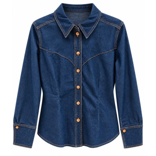 Dunkelblaue Jeansbluse für Damen im Western-Stil mit Kontrastnähten in Orange und Perlmuttknöpfen, freigestellt auf weißem Hintergrund