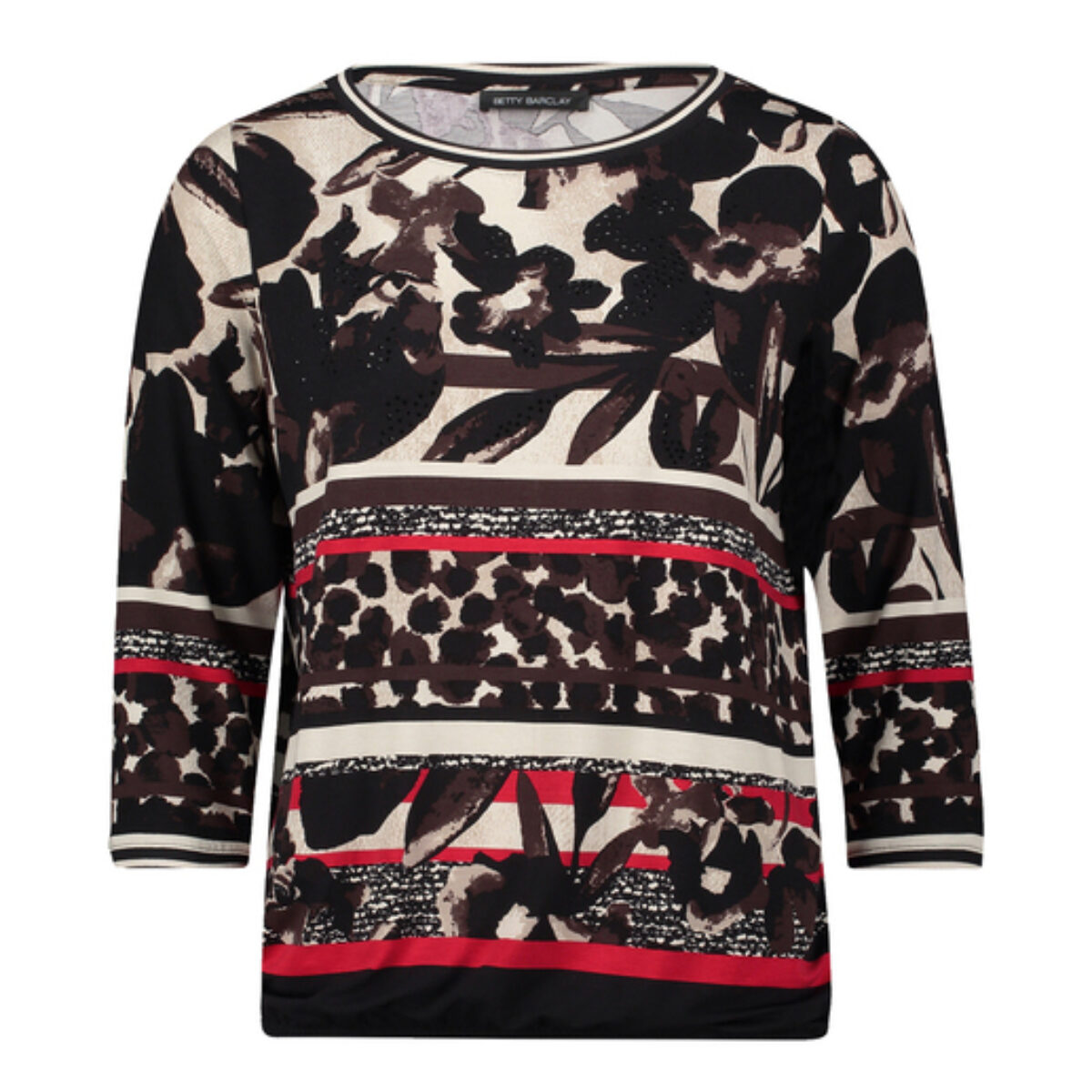Betty Barclay Shirt mit floralem Print in Schwarz, Beige und Rot, 3/4-Arm, freigestellt auf weißem Hintergrund