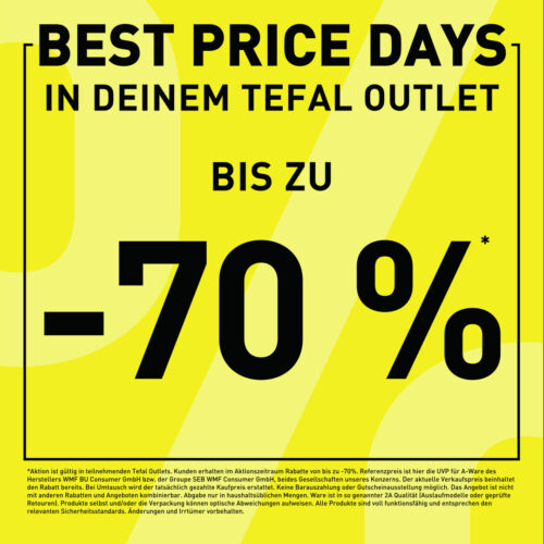 Tefal Best Price Days: Gelbe Aktionsgrafik mit der Aufschrift „Bis zu -70 %” in deinem Tefal Outlet
