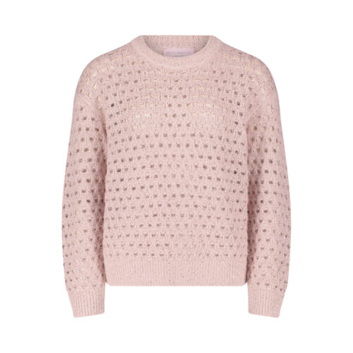 Betty Barclay Pullover in Rosé mit Lochstrick und Glitzer-Effekt, Rundhalsausschnitt, freigestellt auf weißem Hintergrund