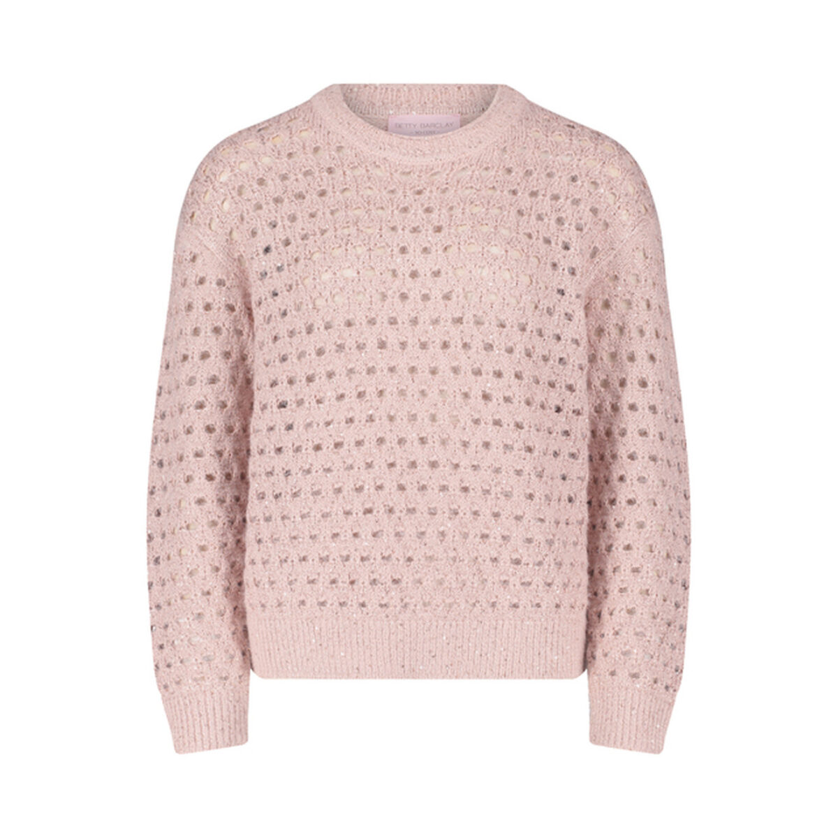 Betty Barclay Pullover in Rosé mit Lochstrick und Glitzer-Effekt, Rundhalsausschnitt, freigestellt auf weißem Hintergrund
