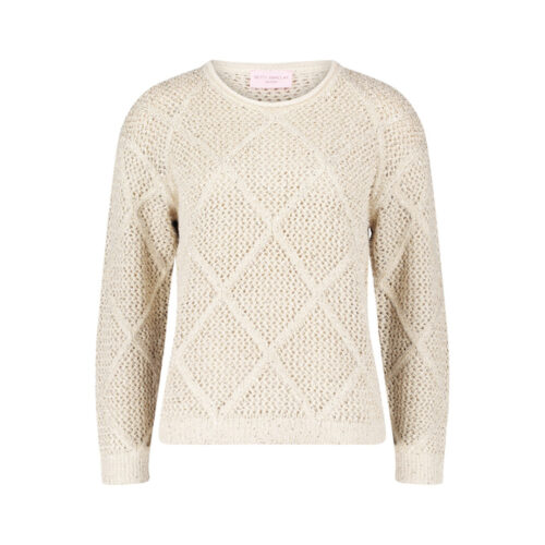 Betty Barclay so cosy Pullover Glitzer in Creme mit Rautenmuster und goldenem Glitzer-Effekt, freigestellt auf weißem Hintergrund