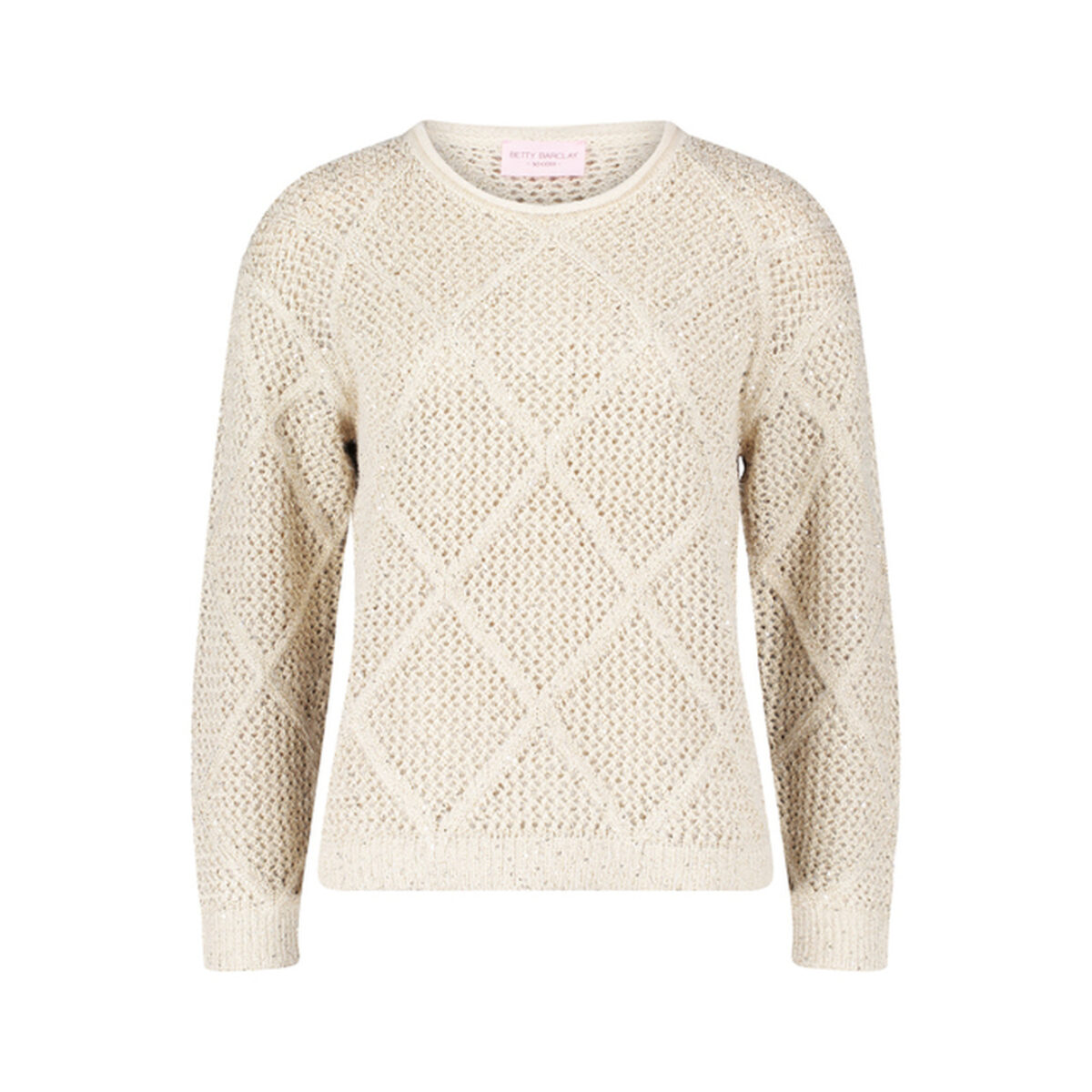 Betty Barclay so cosy Pullover Glitzer in Creme mit Rautenmuster und goldenem Glitzer-Effekt, freigestellt auf weißem Hintergrund
