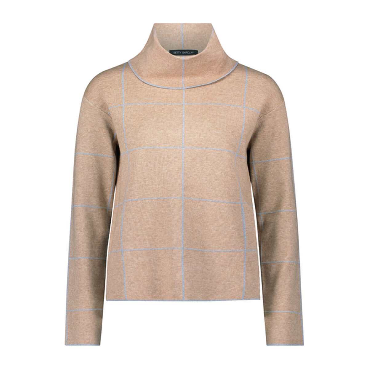 Betty Barclay Rolli in Camel mit hellblauem Fensterkaro und weitem Rollkragen, freigestellt auf weißem Hintergrund