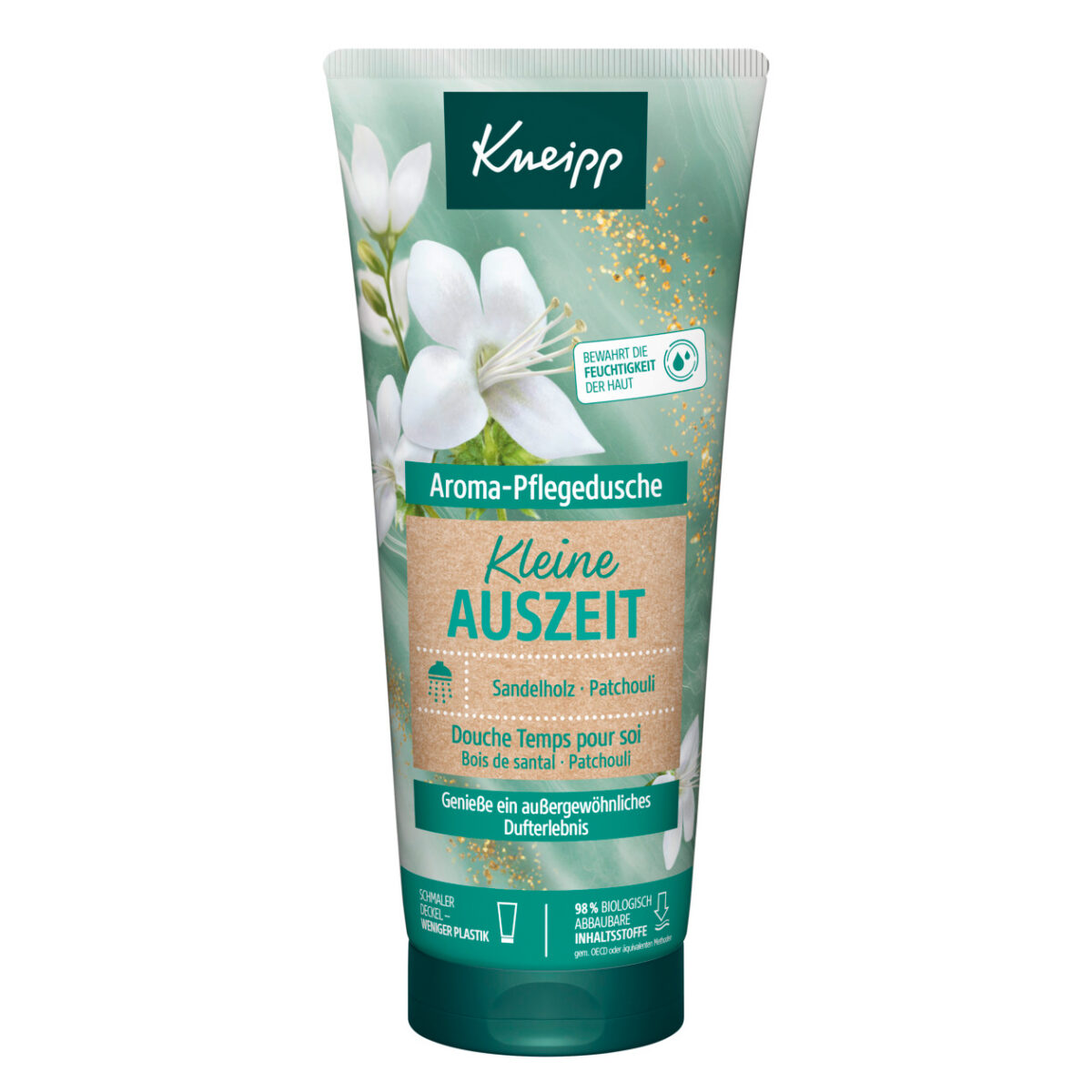 Kneipp Aroma-Pflegedusche „Kleine Auszeit” mit Sandelholz und Patchouli, 200-ml-Tube in Mintgrün mit weißen Blüten, freigestellt auf weißem Hintergrund