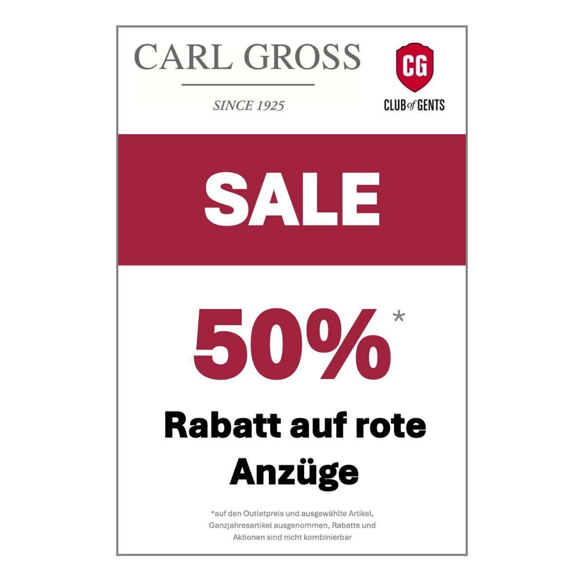 50 % Rabatt* auf rote Anzüge