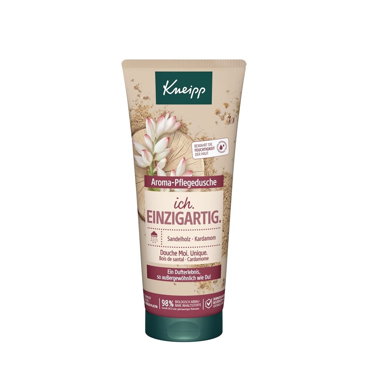 **Alternativtext:** Kneipp Aroma-Pflegedusche „Ich. Einzigartig.“ 200 ml mit Sandelholz und Kardamom.