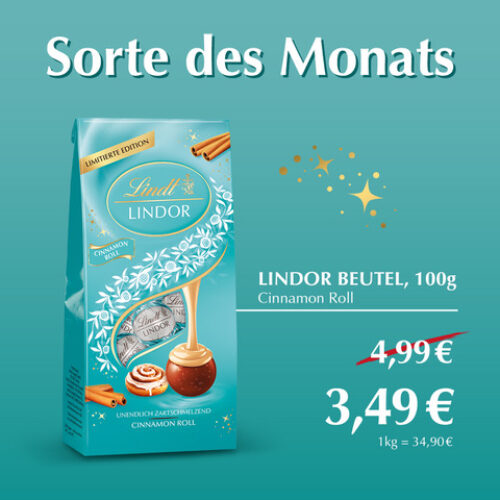 Lindt LINDOR Cinnamon Roll, Sorte des Monats: 100-g-Beutel zum Aktionspreis von 3,49 € statt 4,99 €.