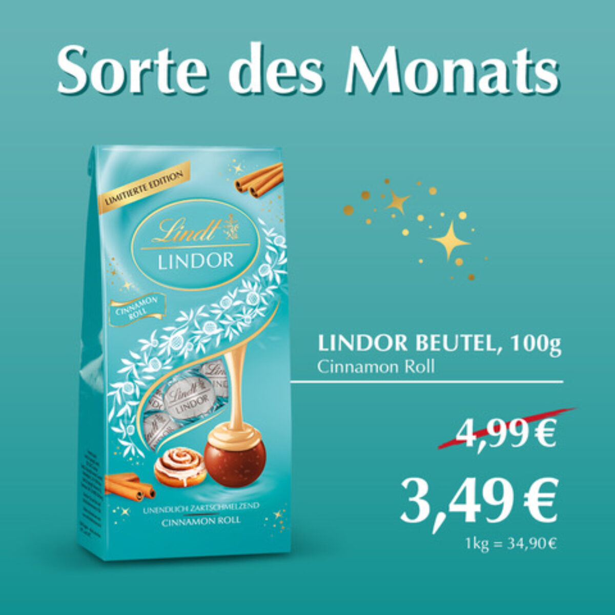 Lindt LINDOR Cinnamon Roll, Sorte des Monats: 100-g-Beutel zum Aktionspreis von 3,49 € statt 4,99 €.