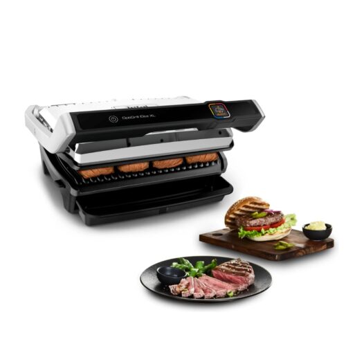 Tefal OptiGrill Elite XL Kontaktgrill mit Grillgut und verschiedenen zubereiteten Speisen.