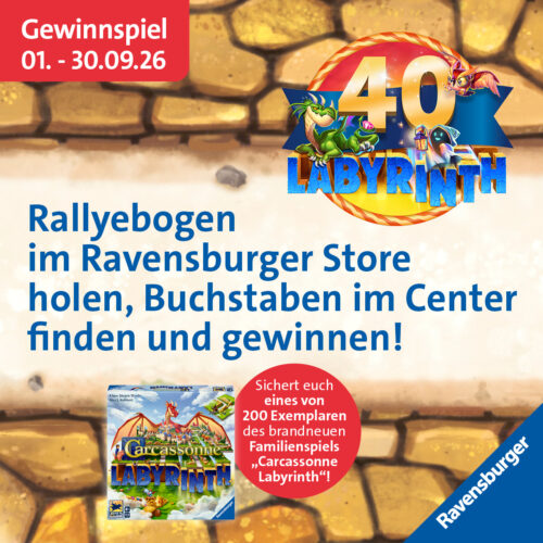 Ravensburger Gewinnspiel zum 40. Jubiläum von „Das verrückte Labyrinth“ vom 01. bis 30.09.2026 mit Chance auf „Carcassonne Labyrinth“.